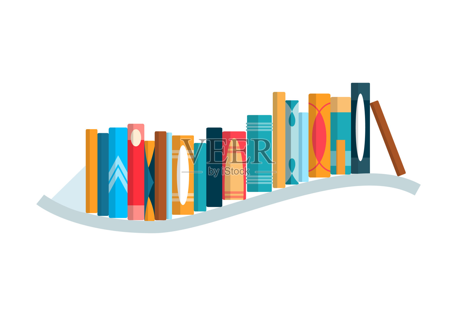 书架上有五颜六色的书。回到学校，教育学习墙的概念。图书馆内部元素。平面读物插图插画图片素材