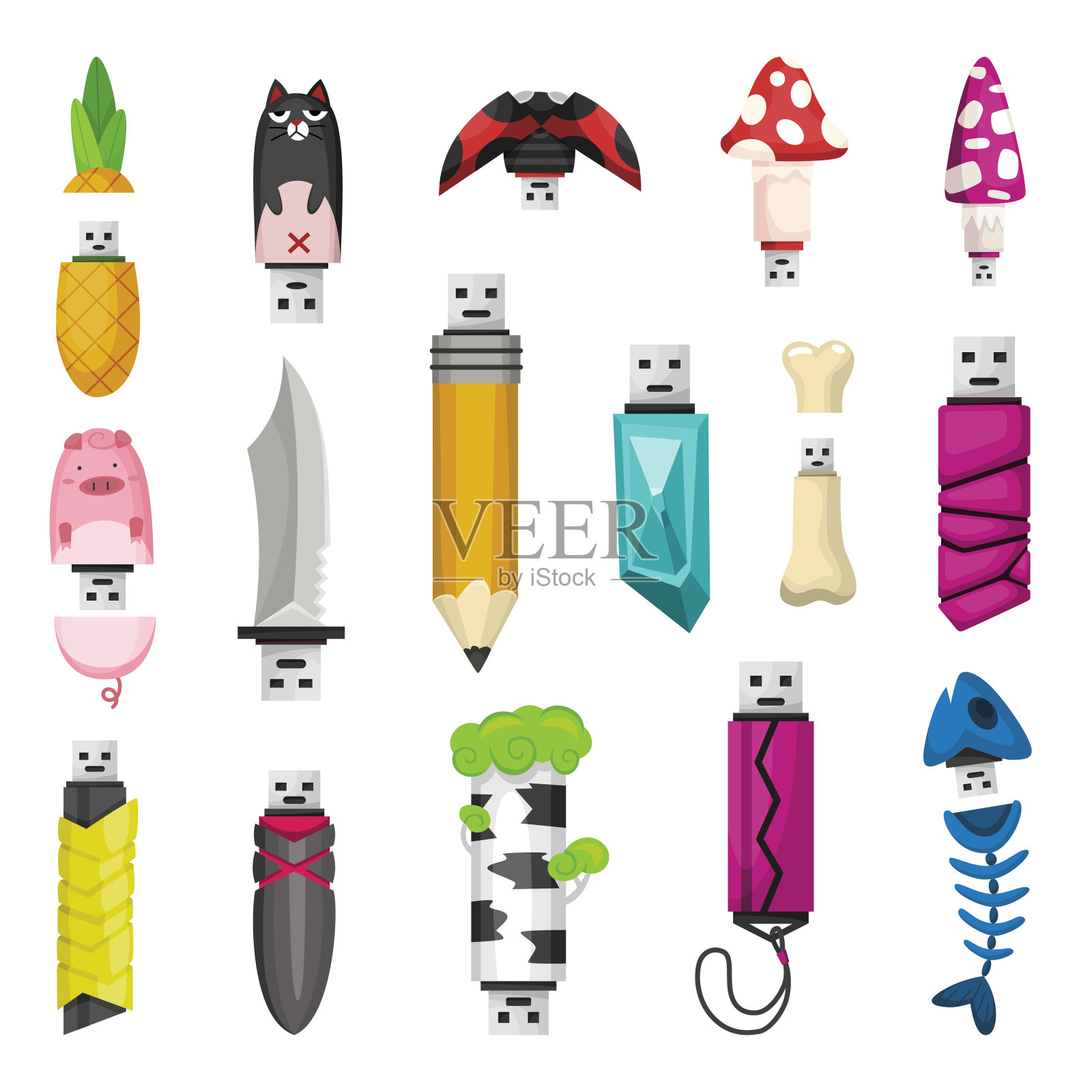 USB闪存盘图标设置。卡通符号。彩色记忆棒孤立在白色背景在平面风格插画图片素材