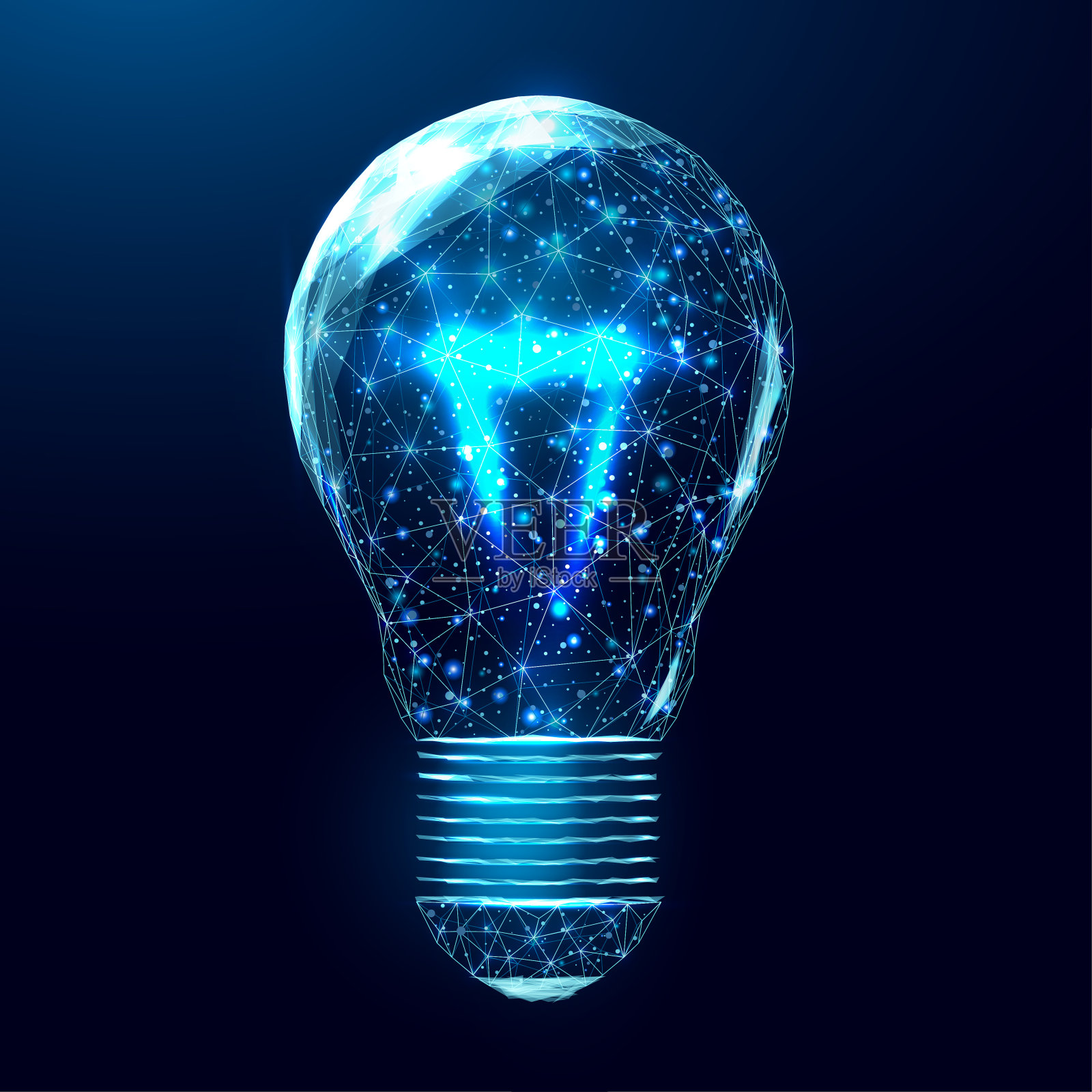 线框多边形灯泡。互联网技术网络，经营理念理念与发光低聚灯泡。未来现代抽象。孤立在深蓝色背景上。矢量插图。插画图片素材