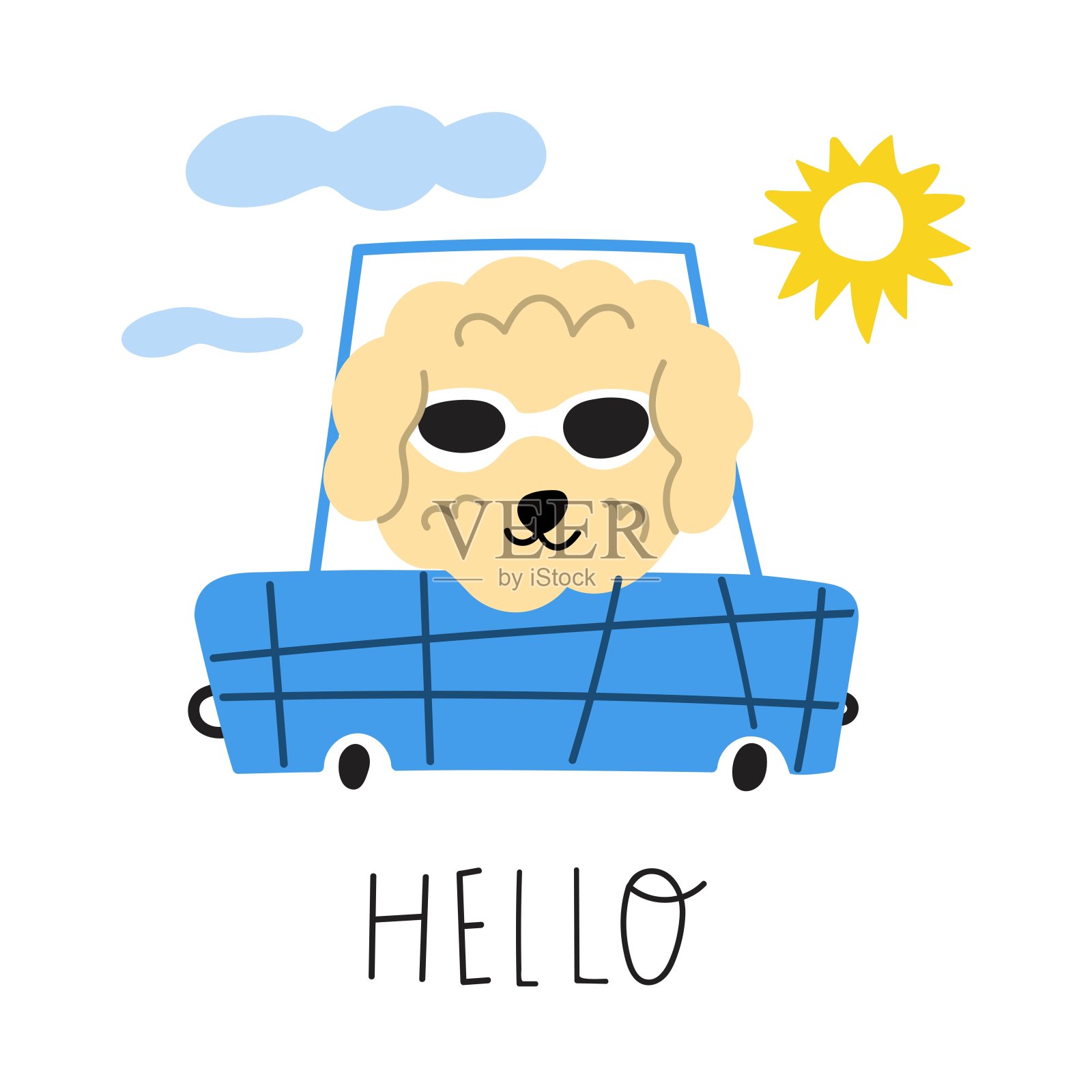 你好。有趣的狗在开车。插画图片素材