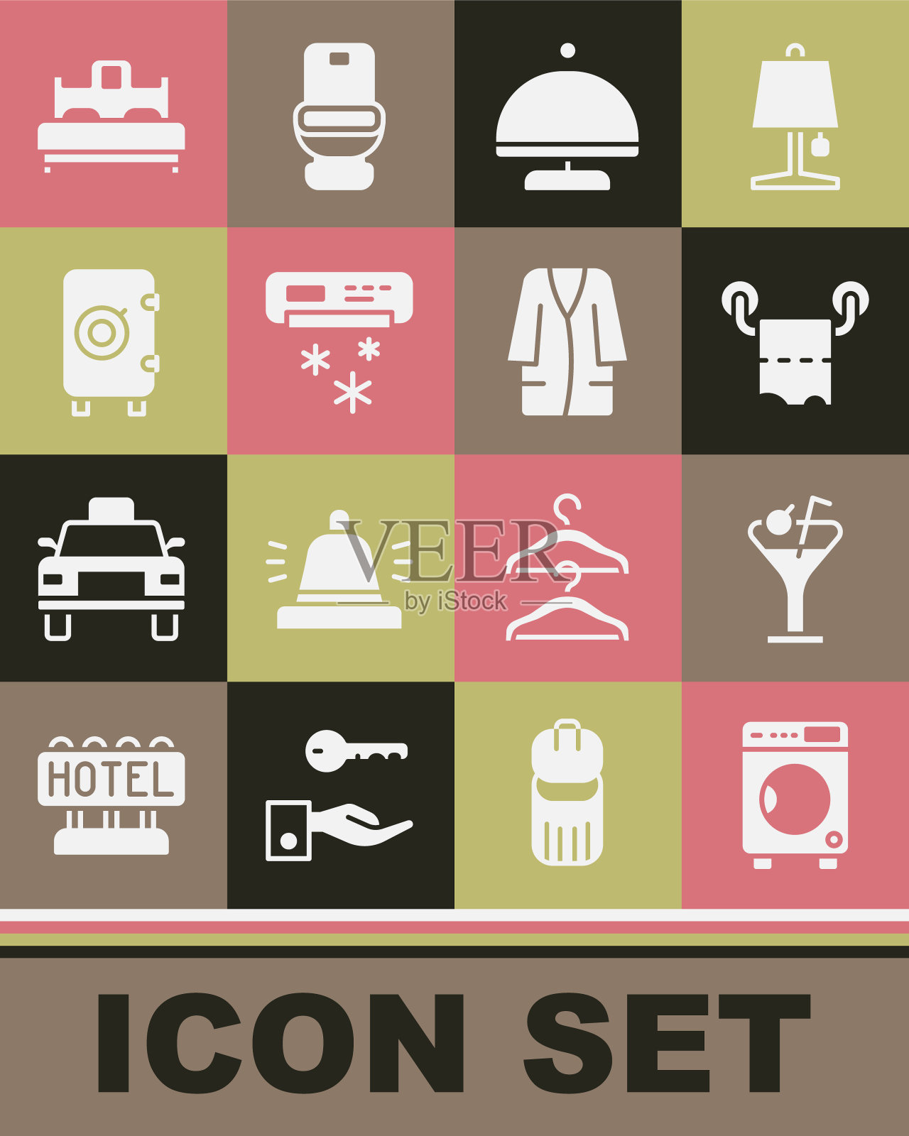 设置洗衣机，马提尼玻璃，卫生纸卷，覆盖托盘，空调，保险箱，卧室和浴袍图标。向量图标素材