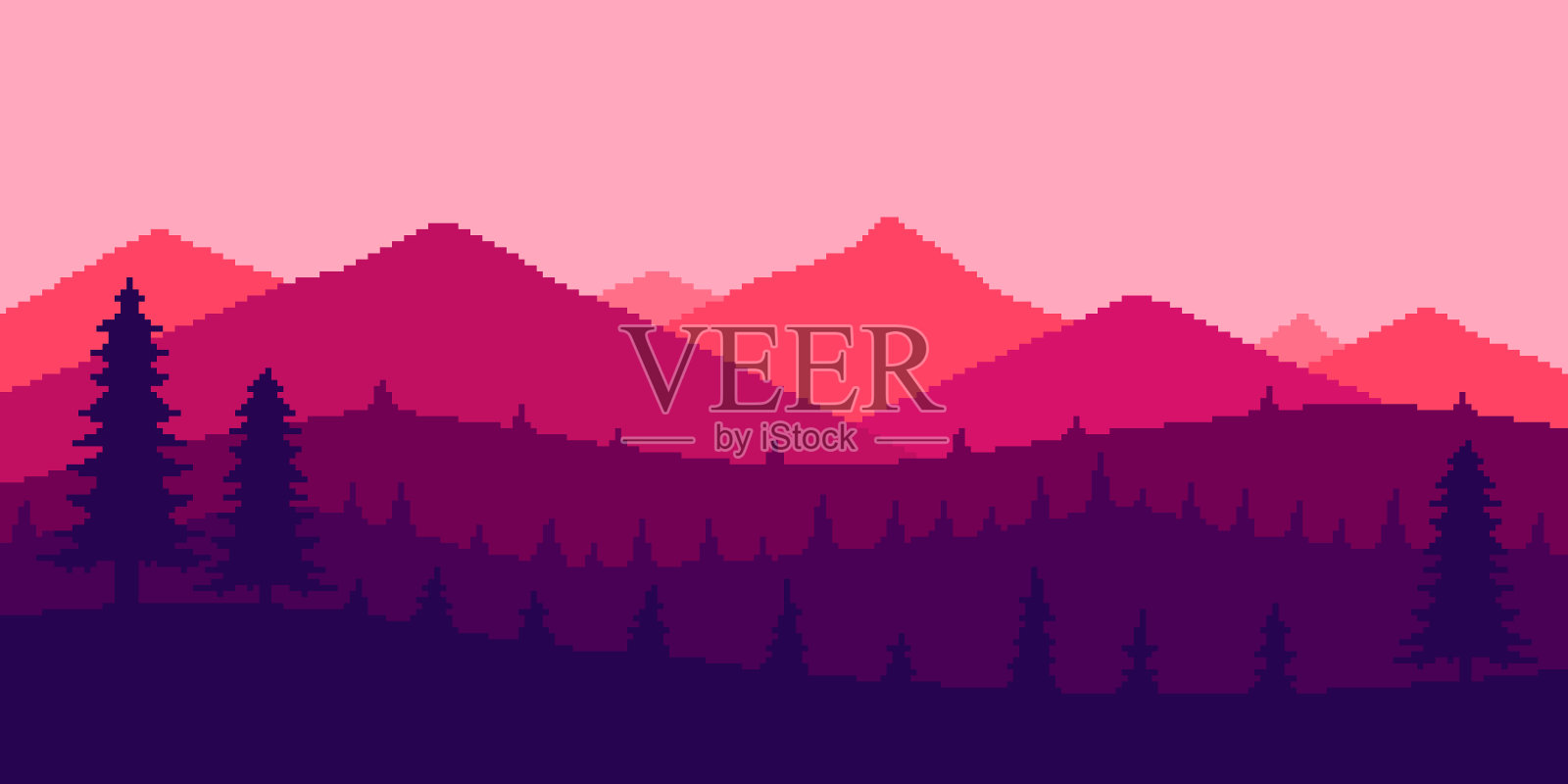 像素艺术景观森林的山脉8位背景插画图片素材