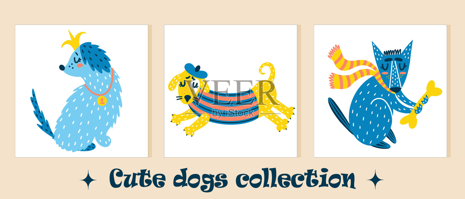 收集可爱的卡通狗。向量图标与宠物的集合。手绘彩色动物涂鸦。一套小狗海报。矢量插图上的白色背景在一个平坦的风格。插画图片素材