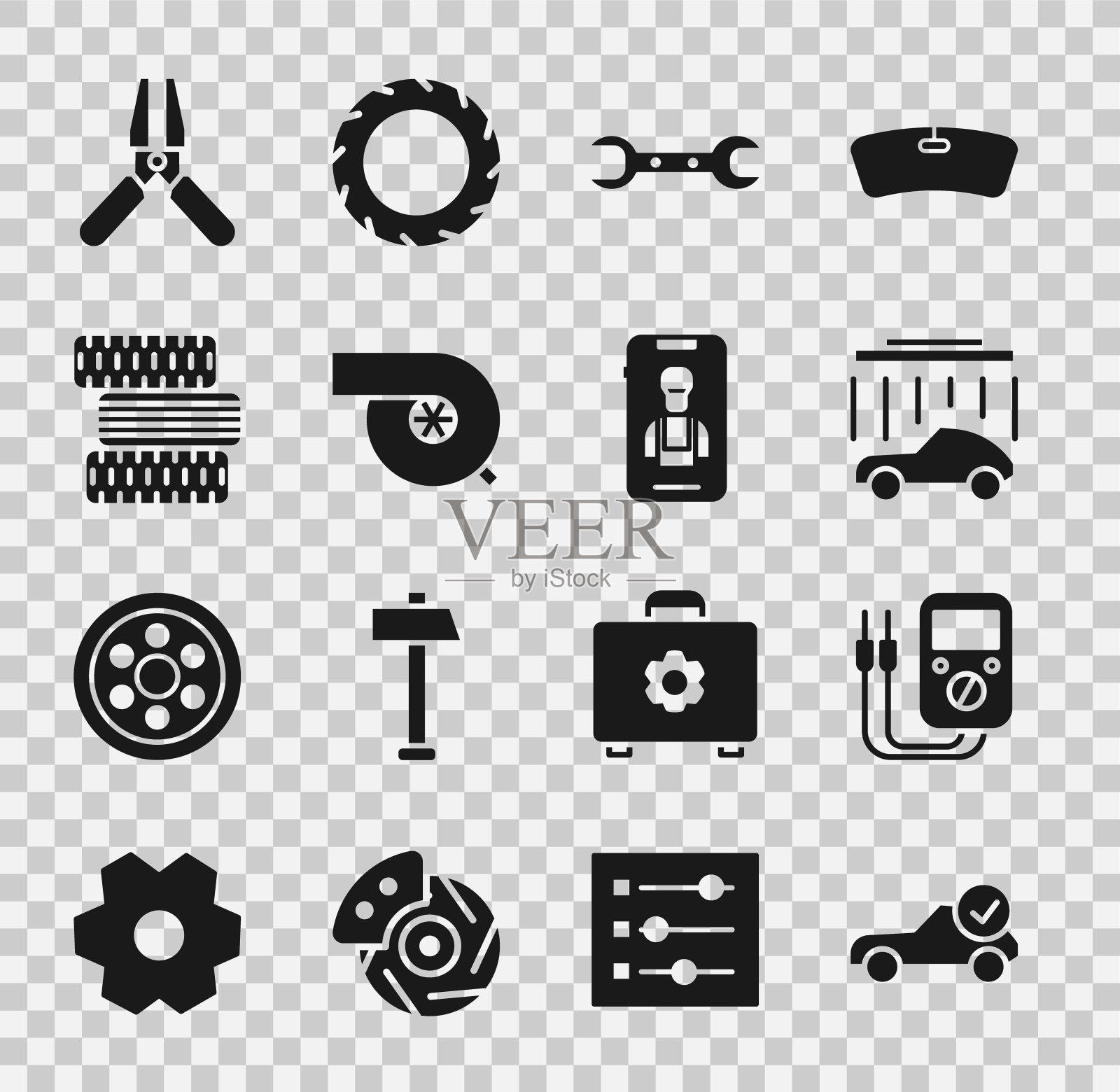 集汽车维修检查，万用表，洗车，扳手扳手，汽车增压器，轮胎轮，电池跳线电源线和在线汽车服务图标。向量图标素材