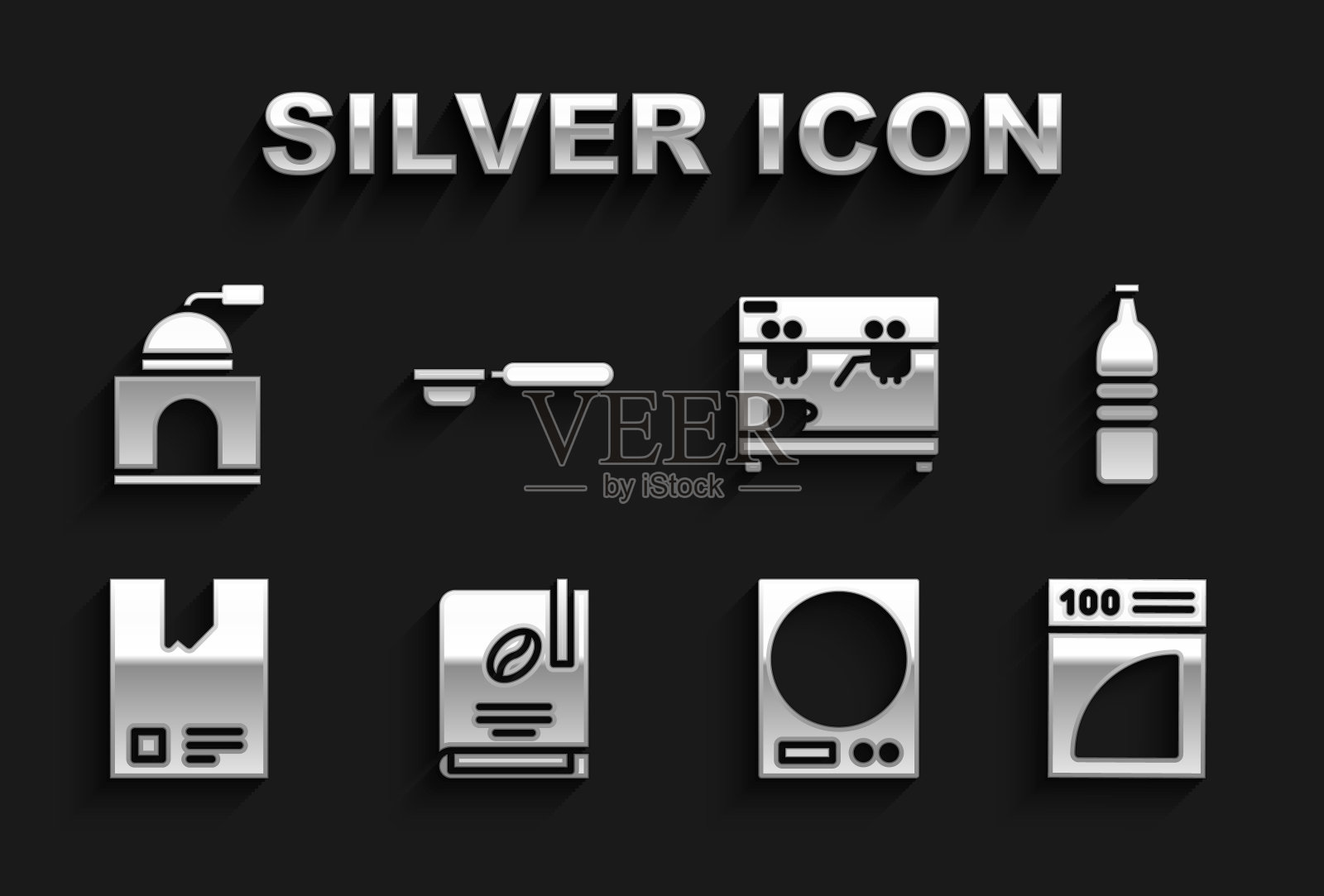 Set Coffee book, Bottle water, paper filter, Electronic scales, Bag Coffee beans, machine, Manual grinder and holder icon. Set Coffee book, Bottle water, paper filter, Electronic scales, Bag Coffee beans, machine, Manual grinder and holder。向量图标素材