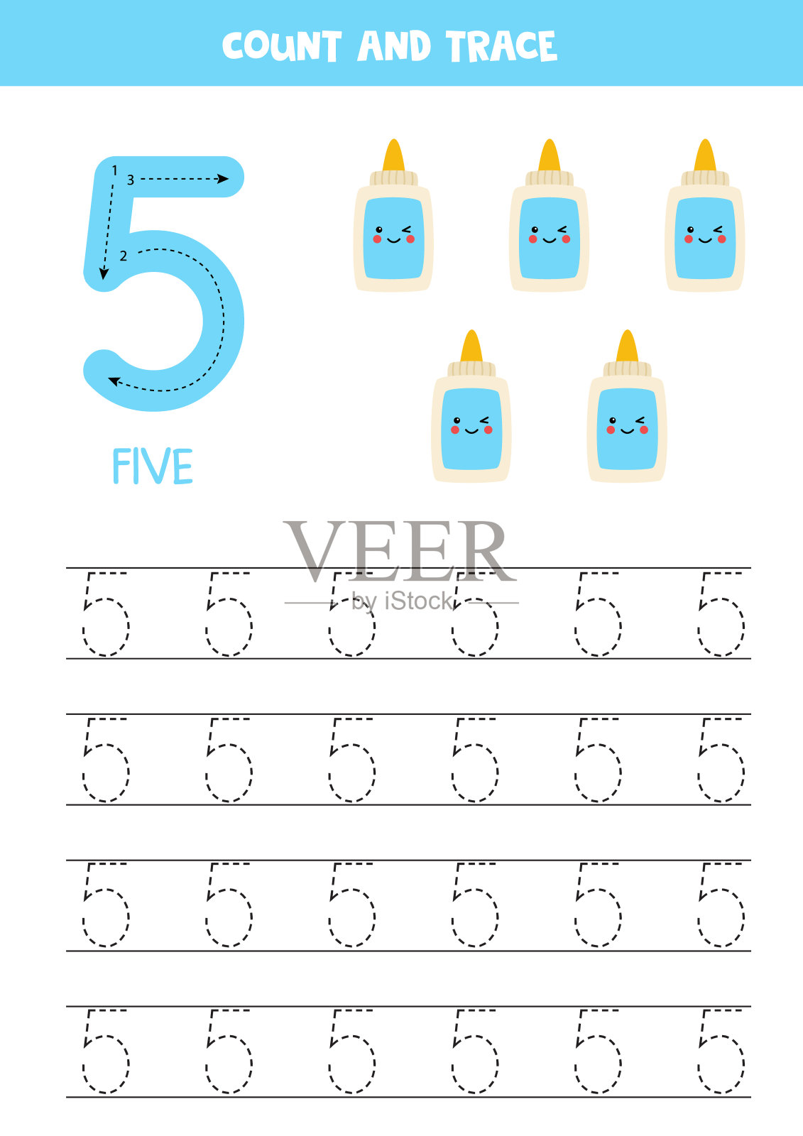 用可爱的卡哇伊胶水描数字工作表。插画图片素材