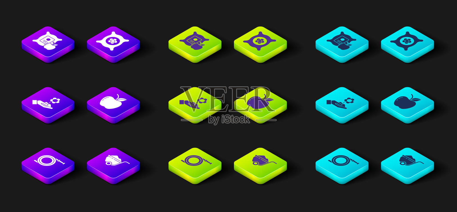 设置花园软管或消防软管，手推车与泥土，手持鲜花，苹果，装满植物种子和袋图标。向量图标素材