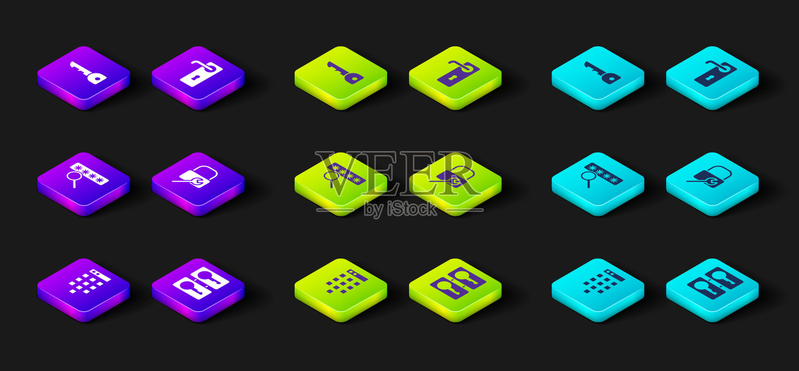 设置密码保护，铸造钥匙，锁维修，门把手和钥匙图标。向量图标素材