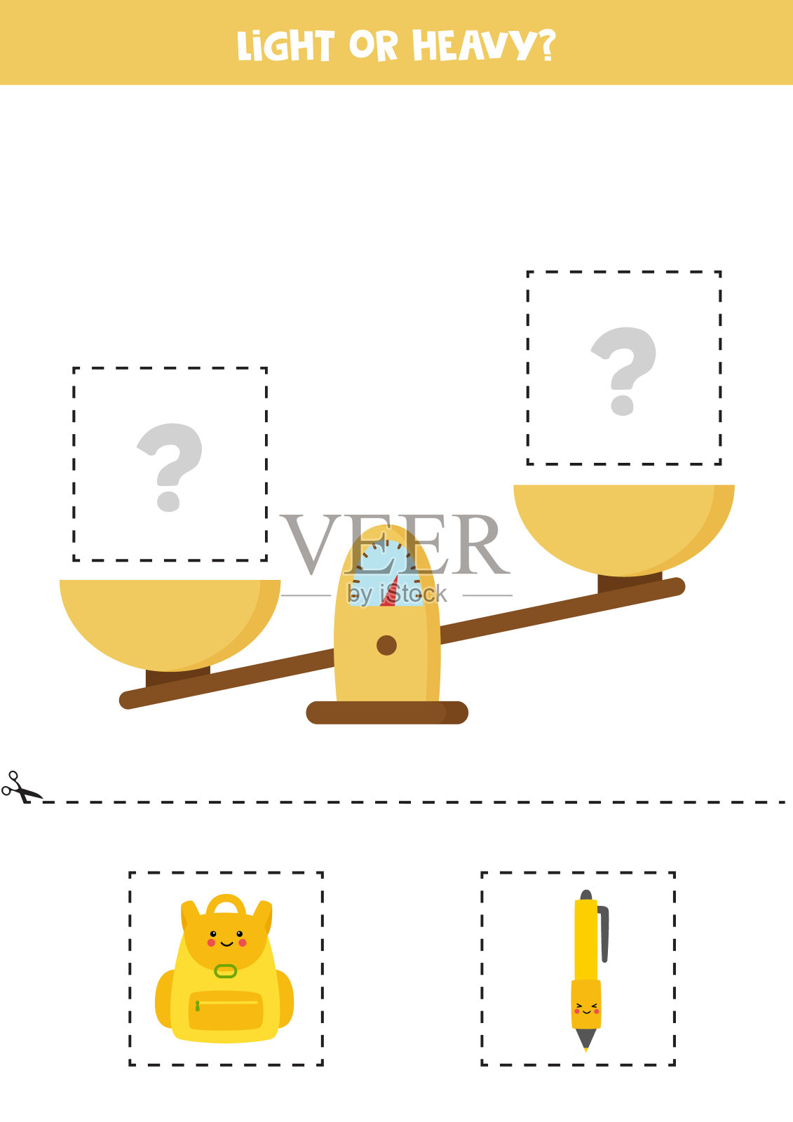 轻的、重的或相等的。把下面的图片剪下来，粘到右边的盒子上。插画图片素材