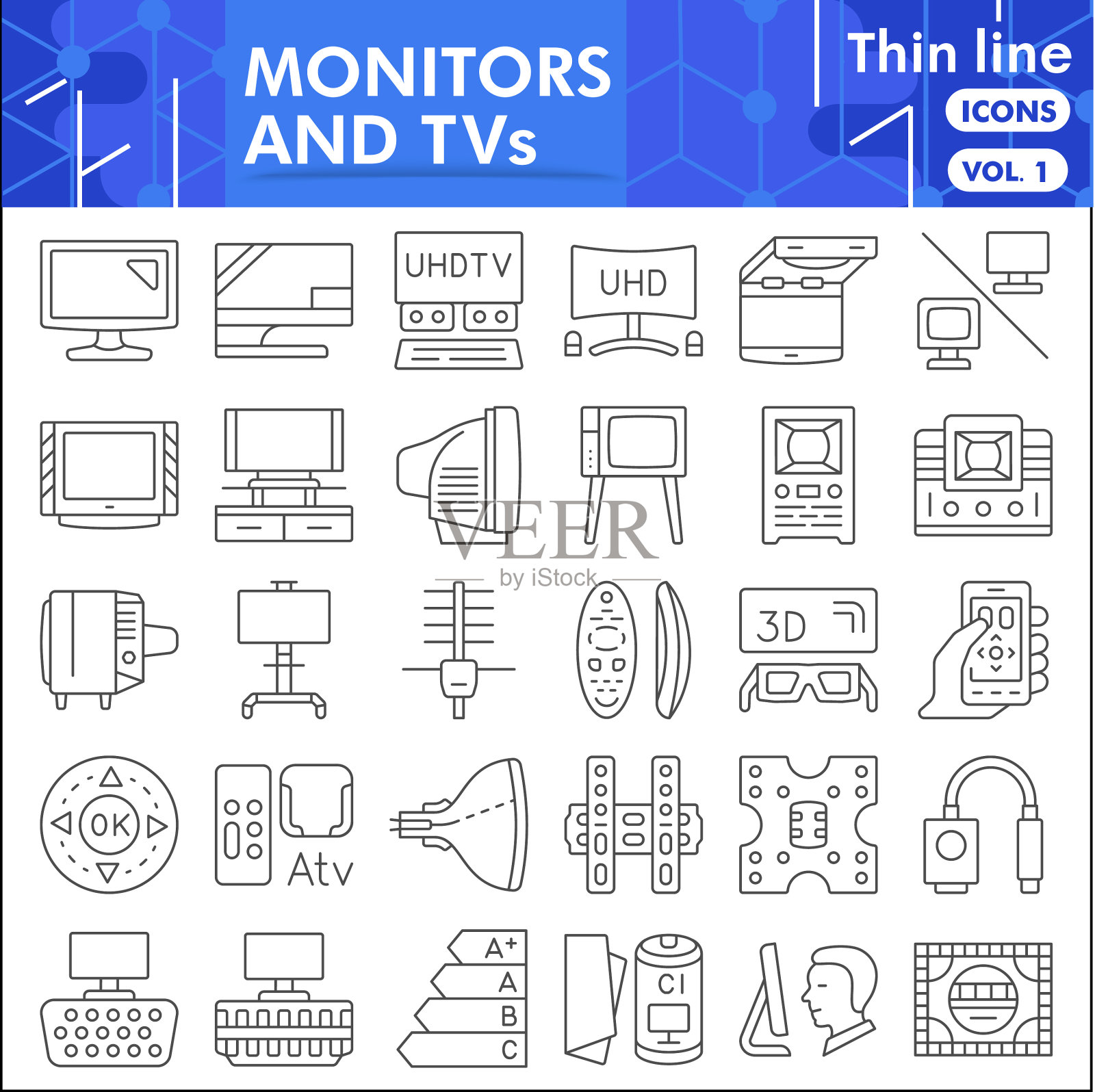 监视器和电视线图标设置电视配件图标素材