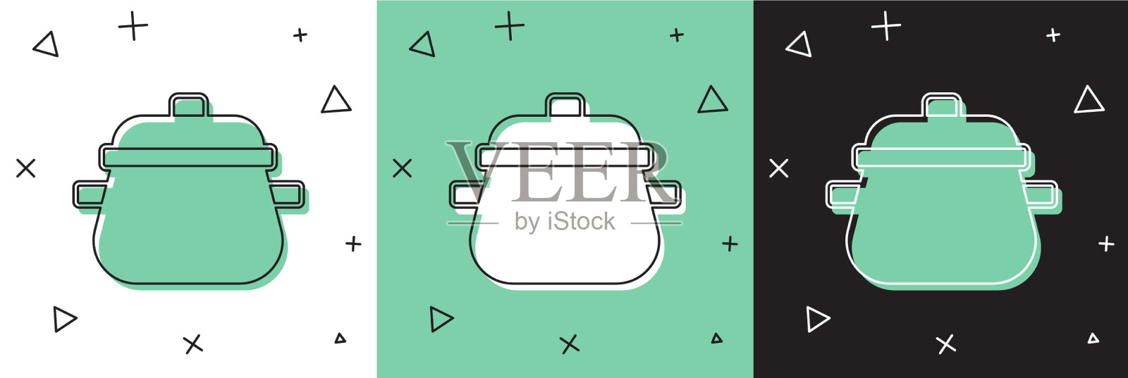 设置烹饪锅图标孤立在白色和绿色插画图片素材