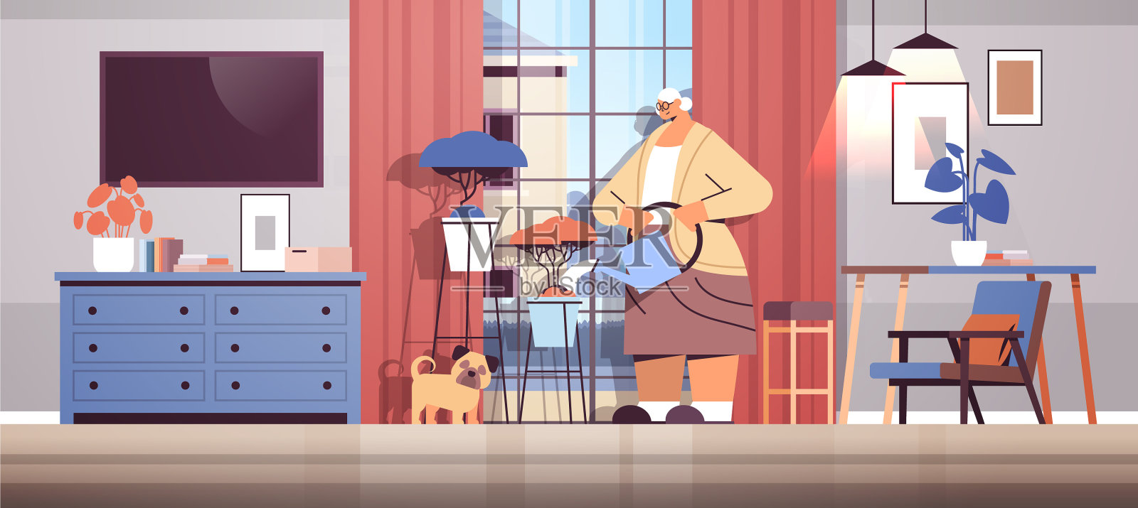 老妇人用喷壶浇花插画图片素材