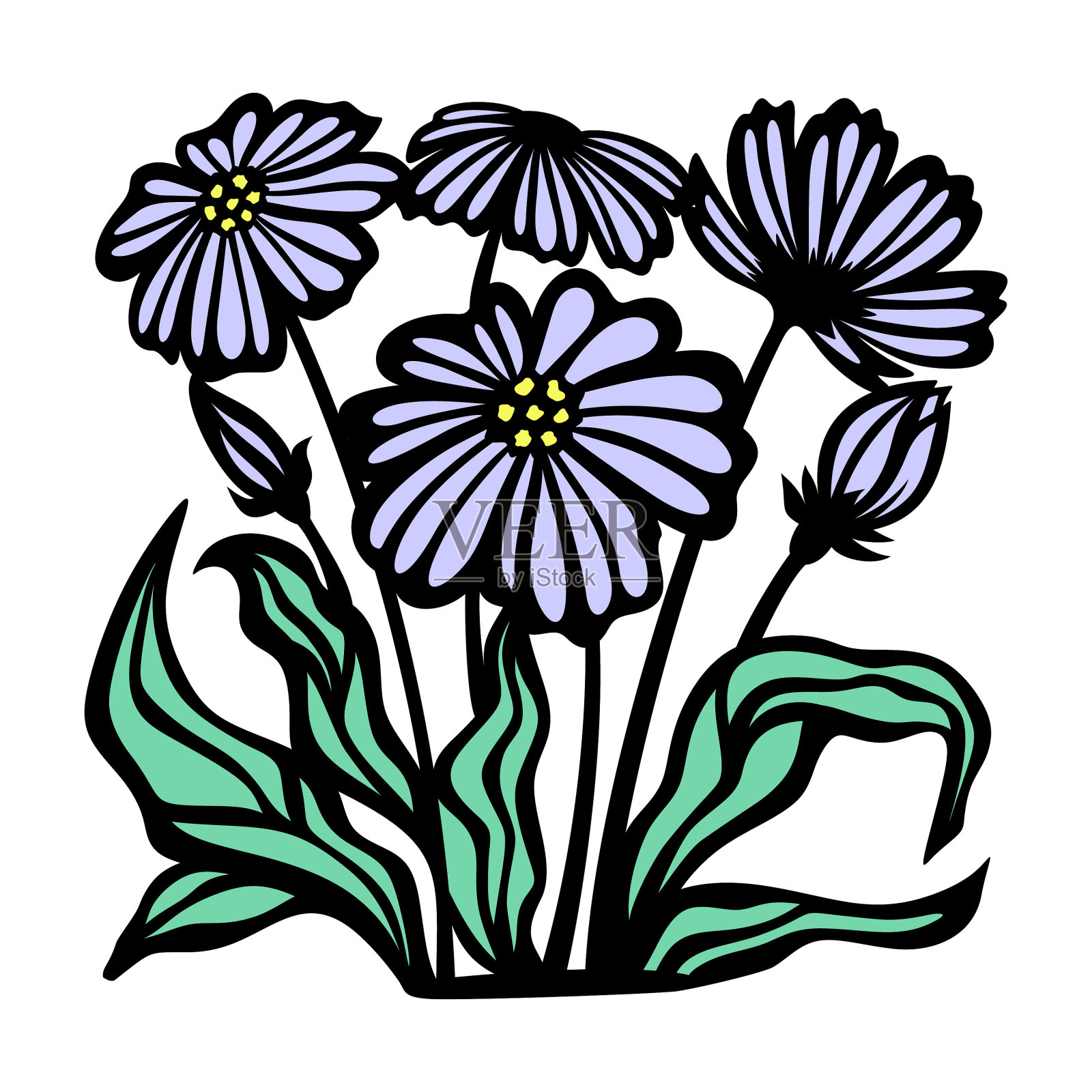 紫色的雏菊和绿色的叶子设计元素图片