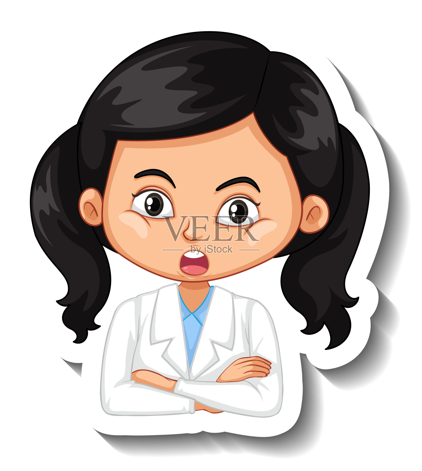一个穿着科学袍的女孩的肖像卡通人物贴纸插画图片素材