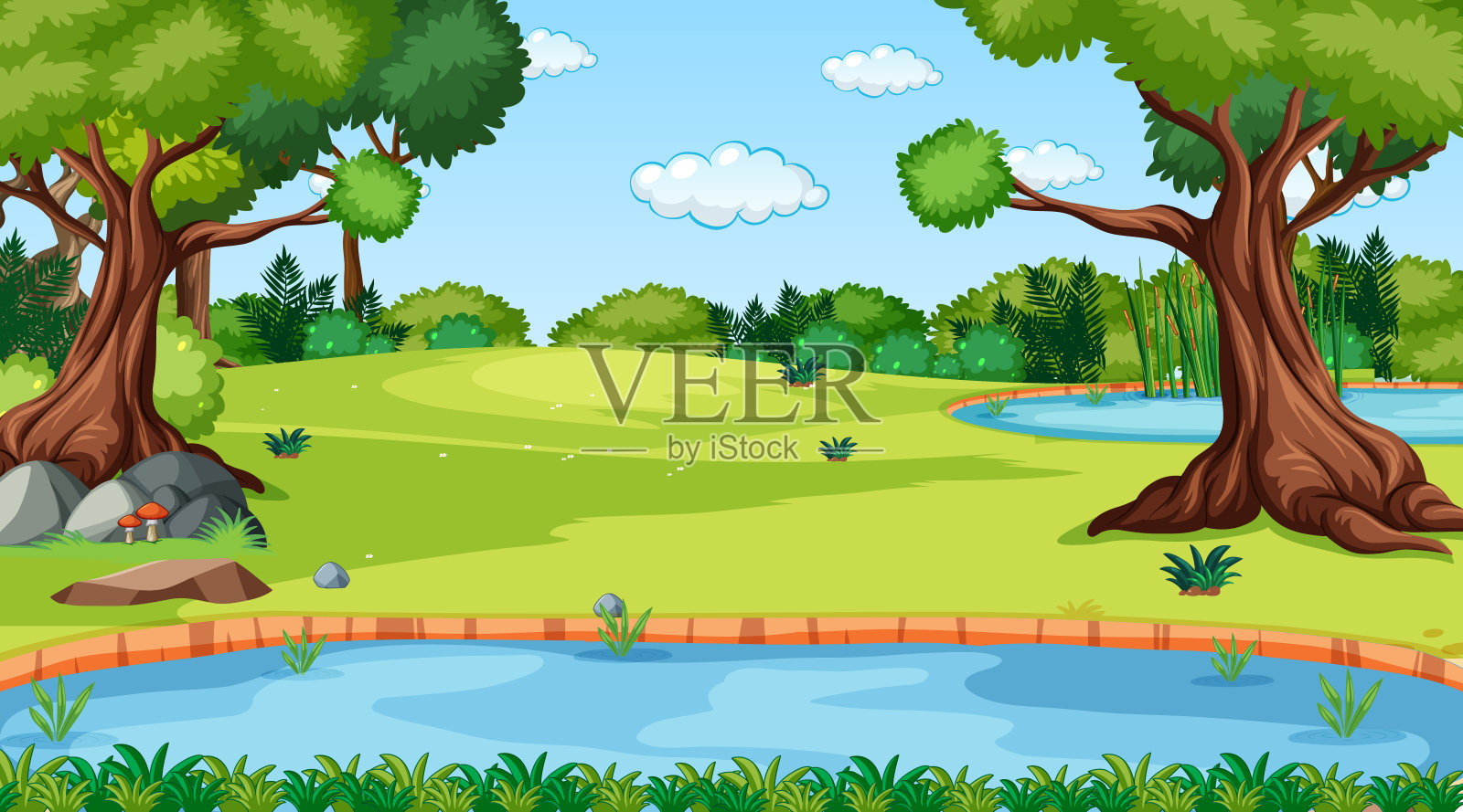 白天的自然森林景观，河流流经森林插画图片素材