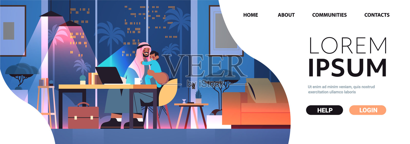 阿拉伯自由职业者父亲带着年幼的儿子插画图片素材