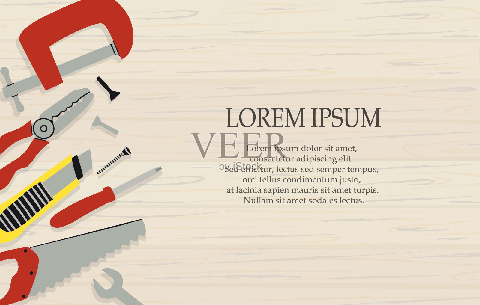 木制背景上修补用的施工工具。矢量平面模板插图。家居维修、楼宇服务的概念插画图片素材