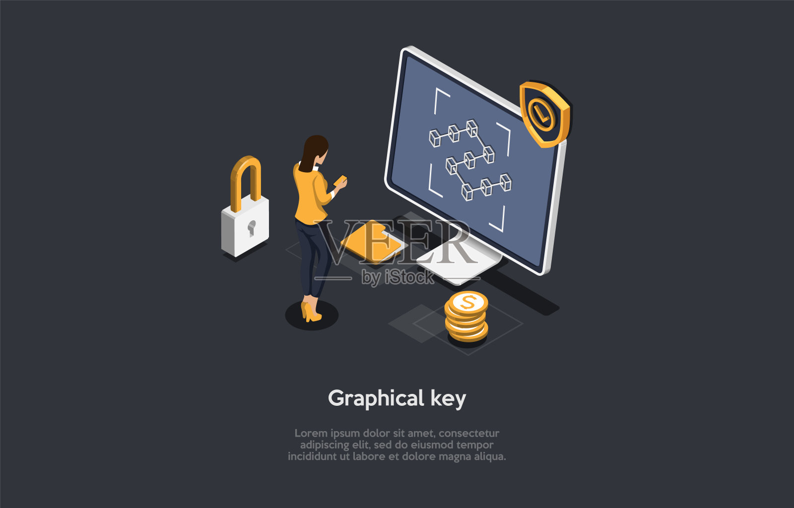 图形钥匙系统解锁概念插图在黑暗的背景。卡通风格的3D构图。等距向量设计。数字数据与信息保护方法。现代技术的想法。插画图片素材
