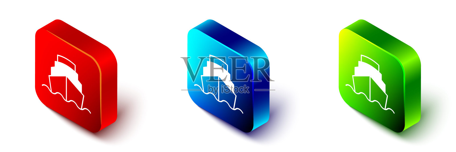 等距巡航船在海洋图标孤立在白色背景。巡航。红、蓝、绿方形按钮。向量设计元素图片