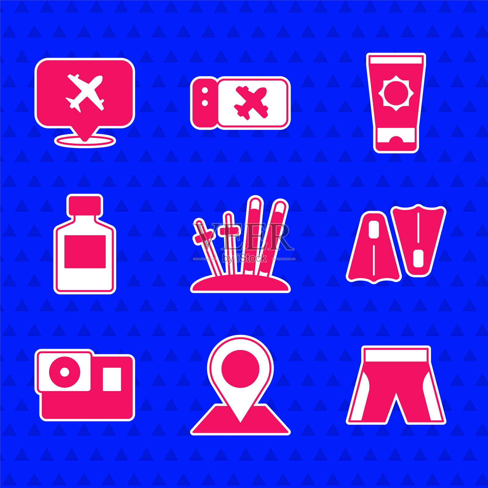 设置滑雪和棍棒，位置，短裤或裤子，游泳橡胶鳍，行动相机，威士忌瓶，防晒霜管和语音气泡与飞机图标。向量图标素材