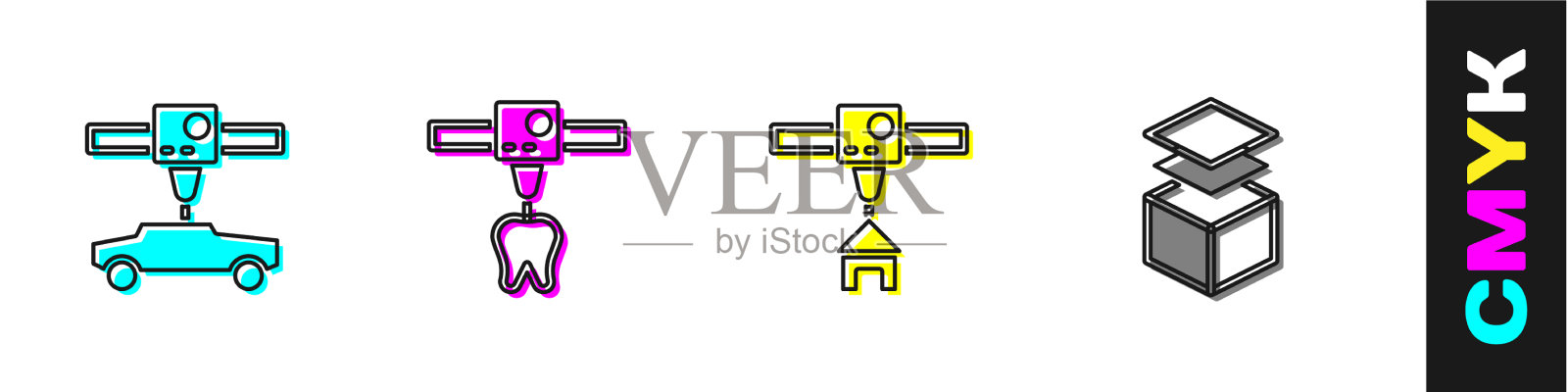 设置3d打印机车牙屋和图层图标图标素材