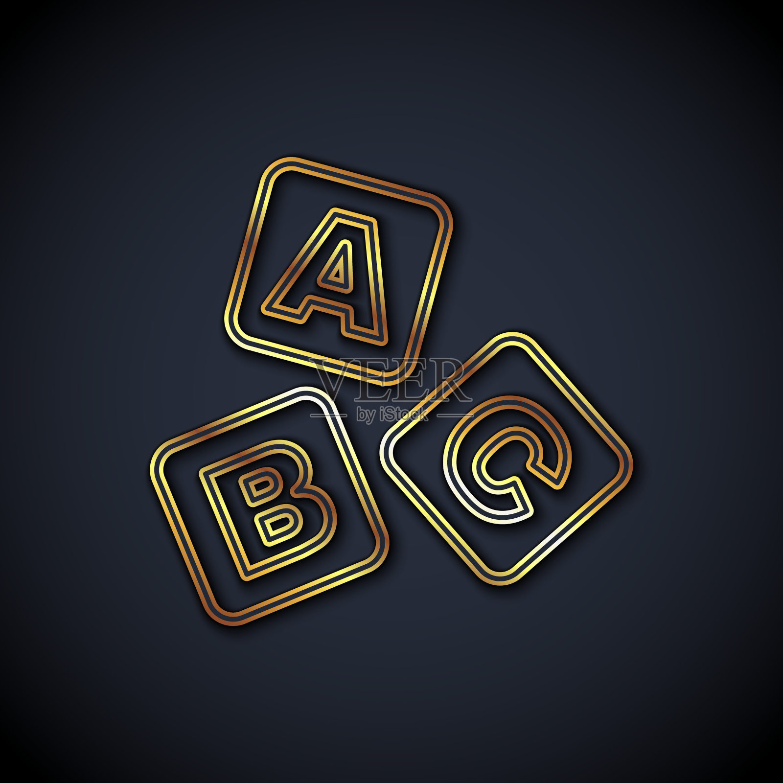 黄金线ABC块图标隔离在黑色背景。字母A,B,C的立方体。向量图标素材