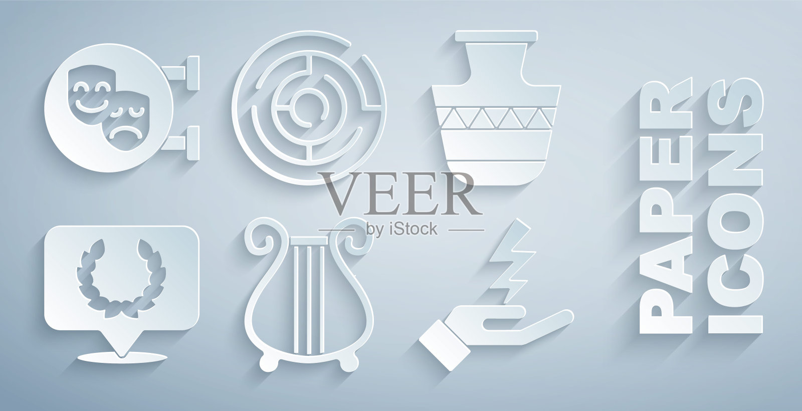 设置古老的七弦琴，双耳罐，月桂花环，宙斯，牛头怪迷宫和喜剧和悲剧面具图标。向量插画图片素材