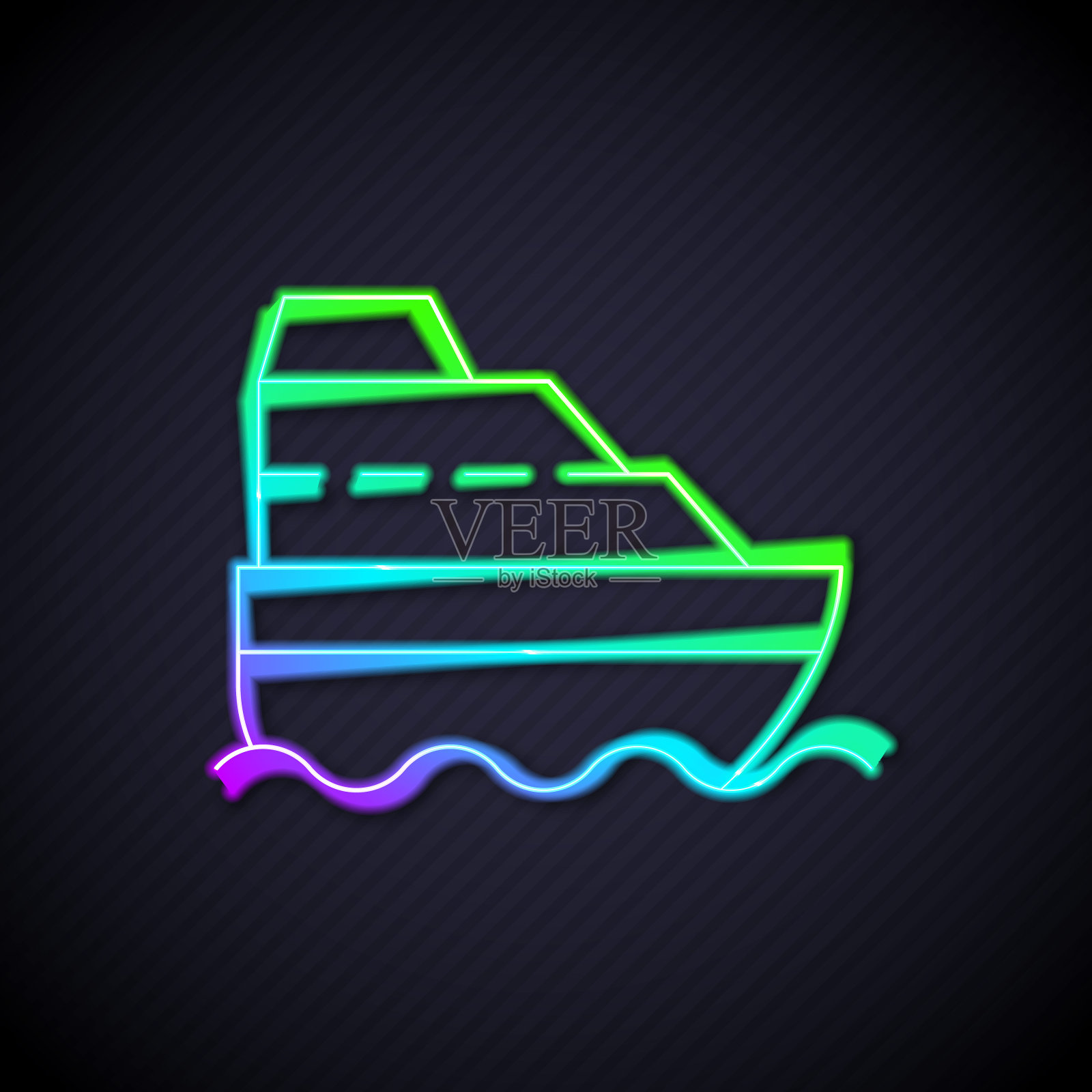 发光的霓虹灯线游轮在海洋图标孤立在黑色背景。巡航。向量插画图片素材