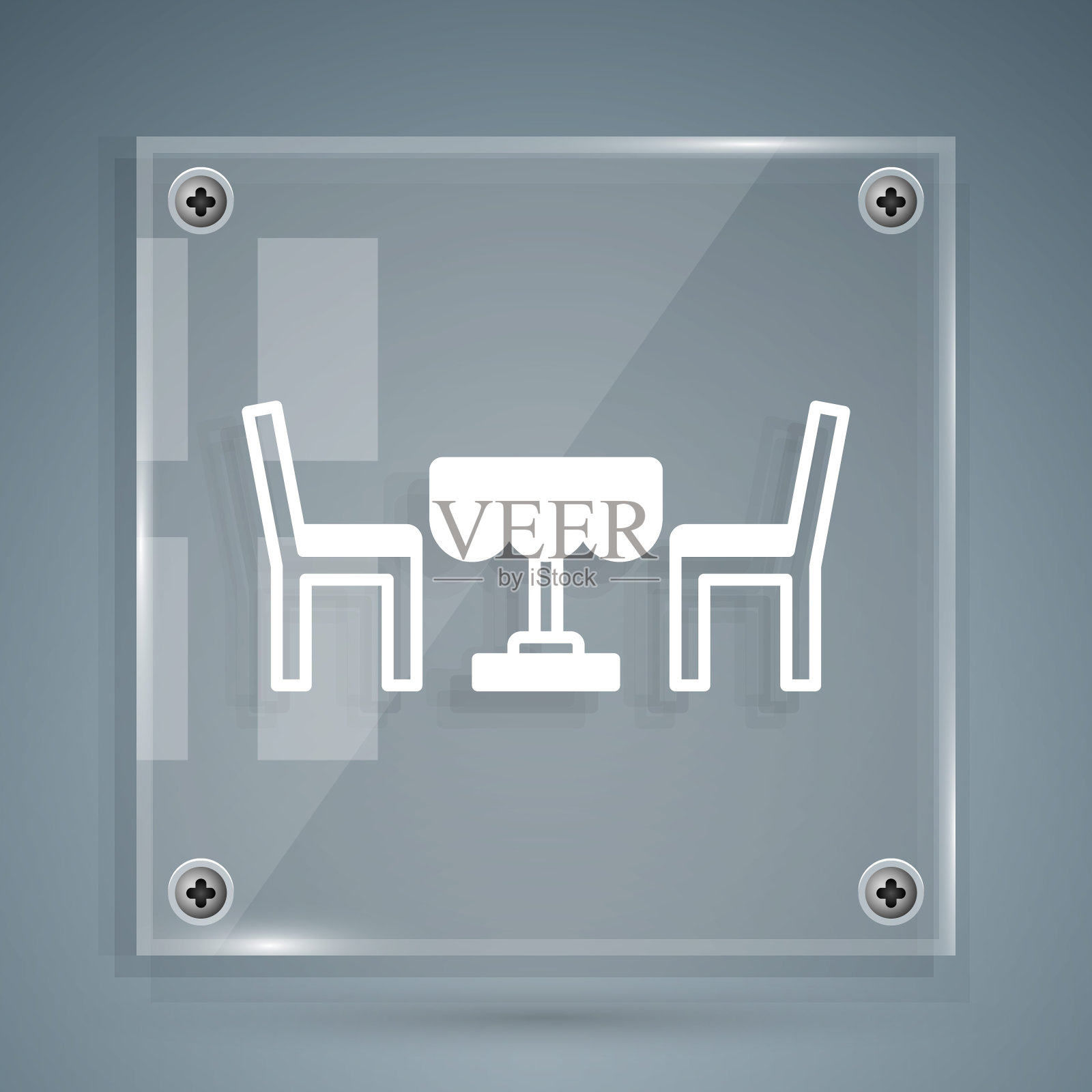 白色法国咖啡馆图标孤立在灰色背景。街头咖啡馆。桌子和椅子。方形玻璃面板。向量插画图片素材