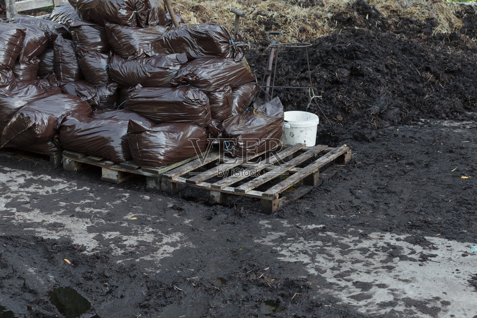 粪肥或马粪用于种植和农业。照片摄影图片