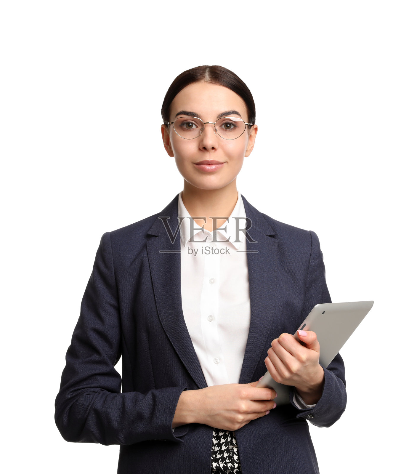 年轻的女商人带着白色背景的平板电脑照片摄影图片