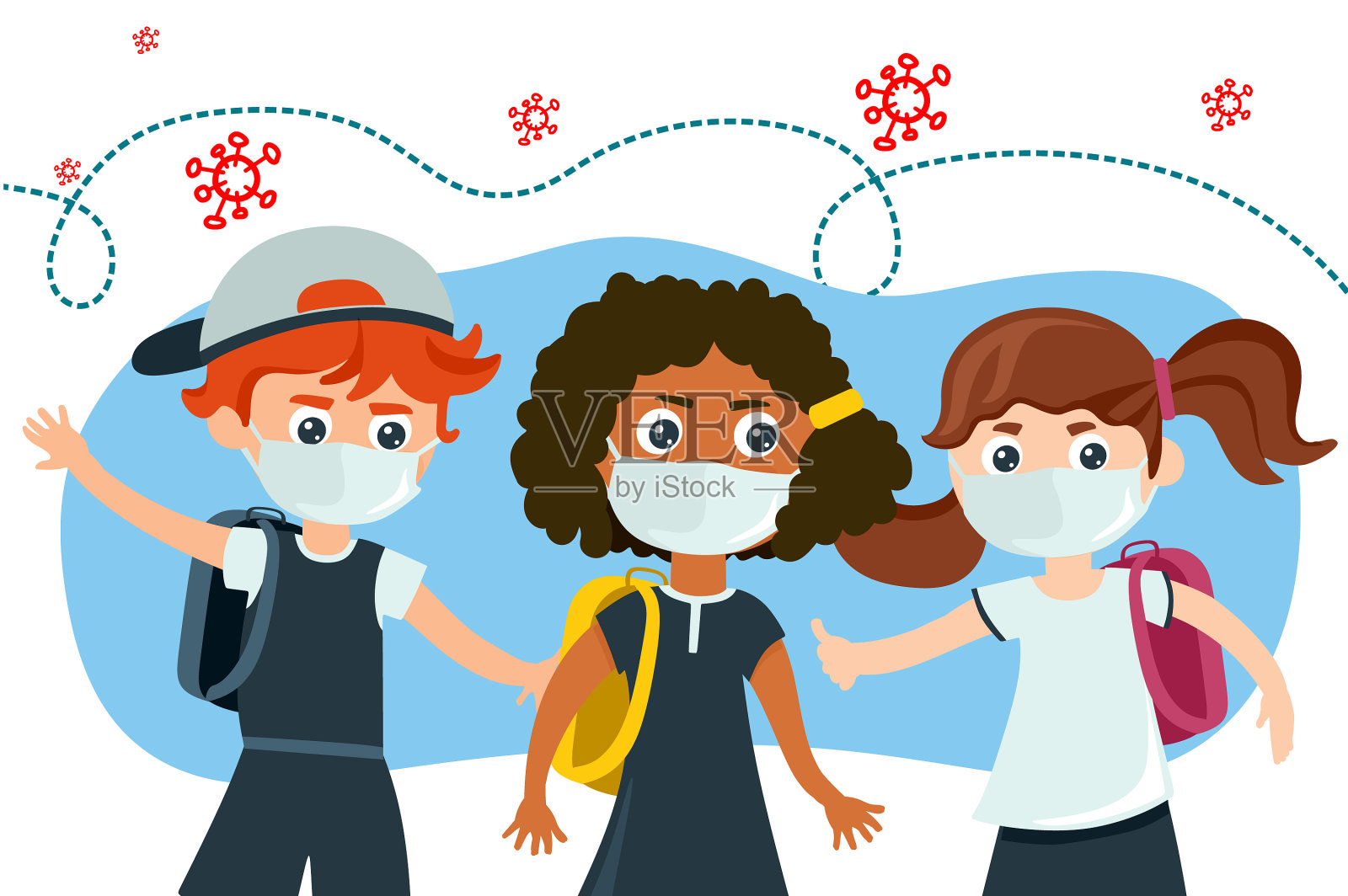 戴医用口罩的学童和女学生设计元素图片