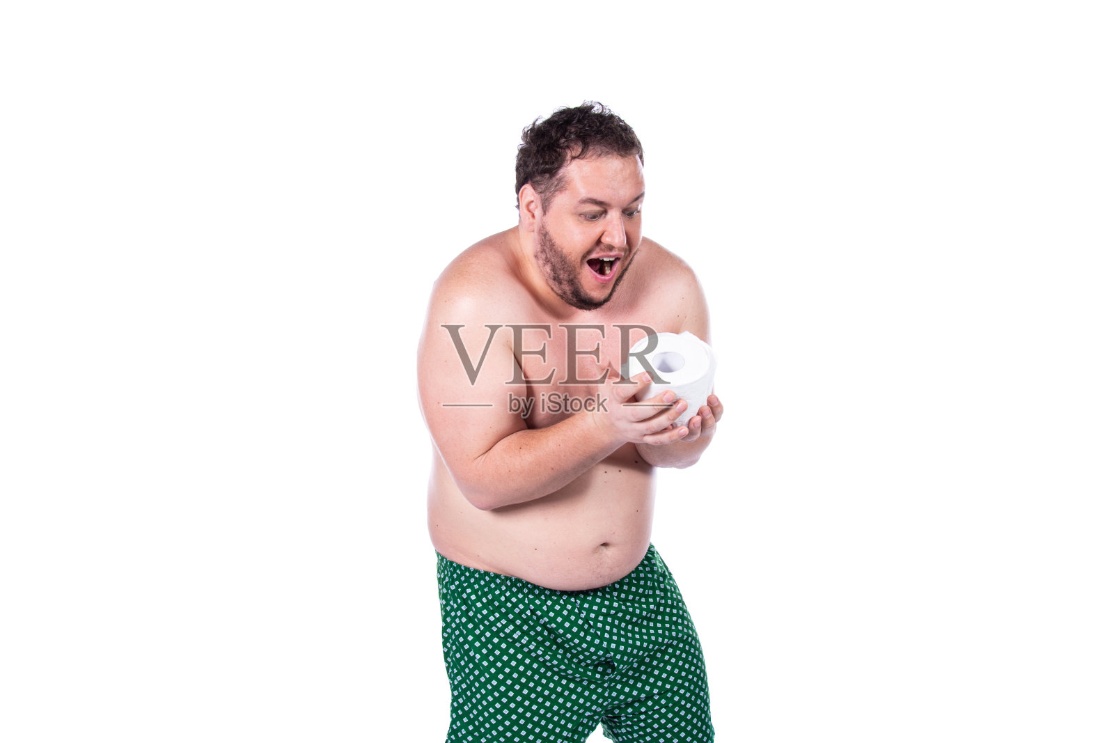 洗手间。腹泻和健康问题。有趣的胖子。照片摄影图片