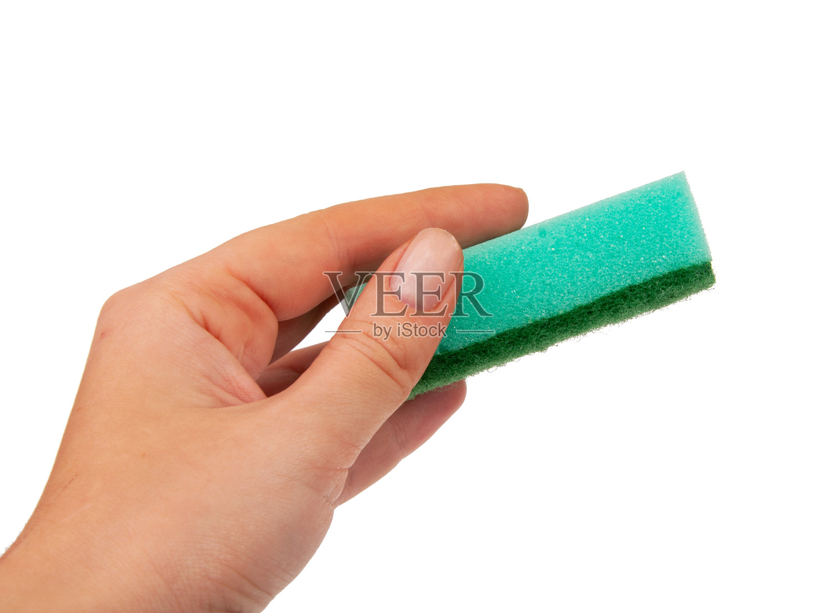 洗碗海绵，手隔离在白色上照片摄影图片