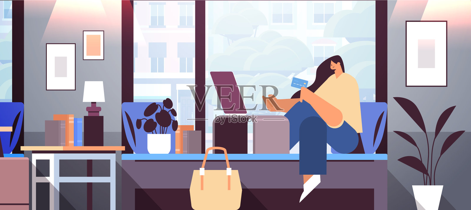 年轻女子用信用卡上网插画图片素材