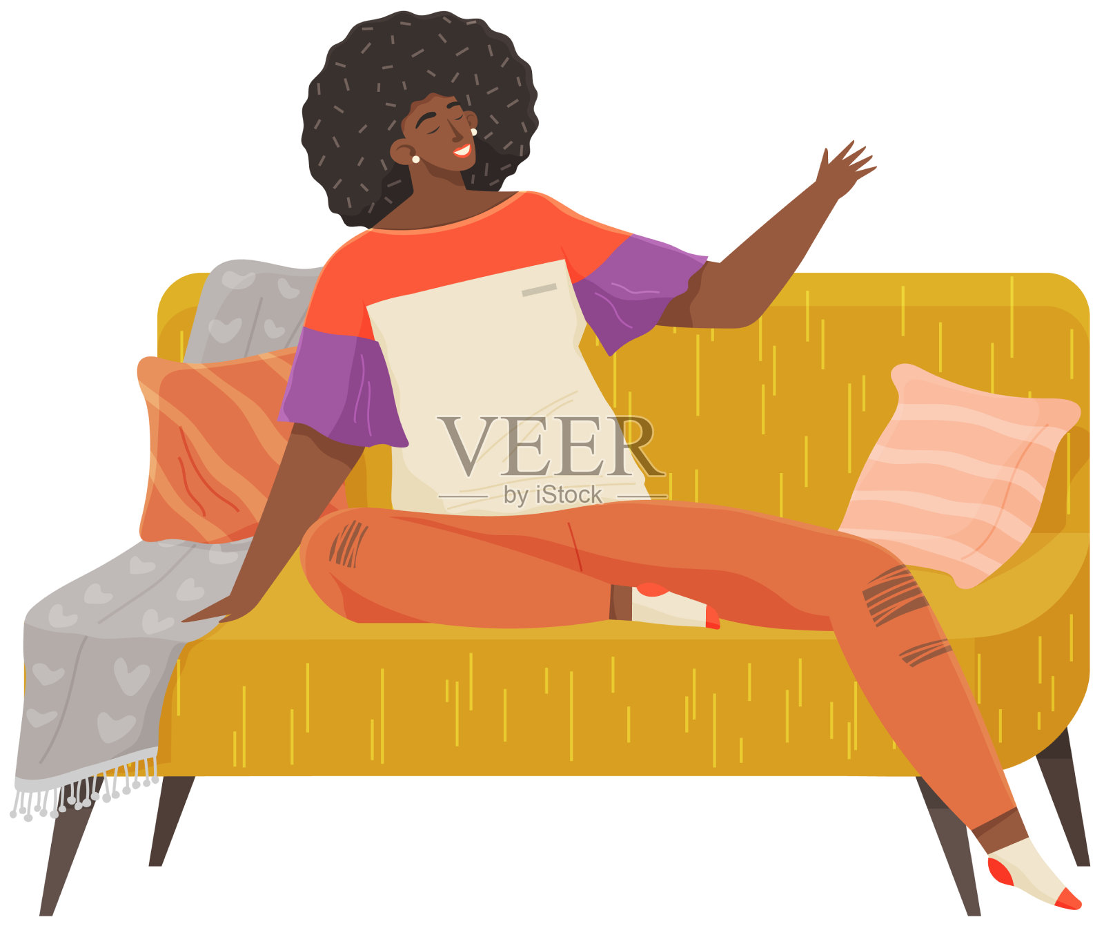 女人躺在公寓的沙发上快乐的年轻女孩设计元素图片