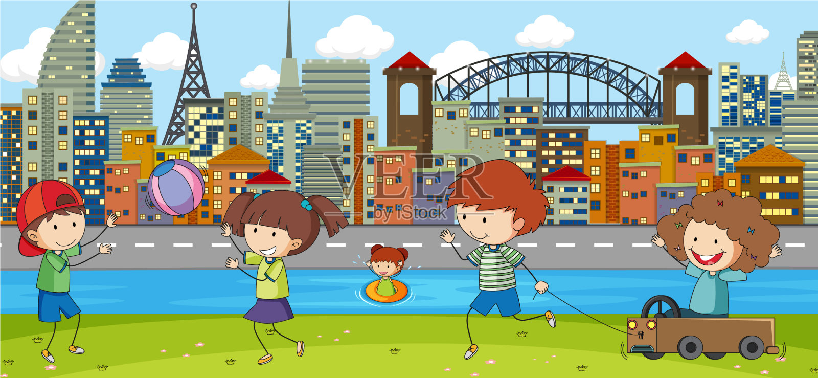 户外场景，许多孩子在公园里玩耍插画图片素材