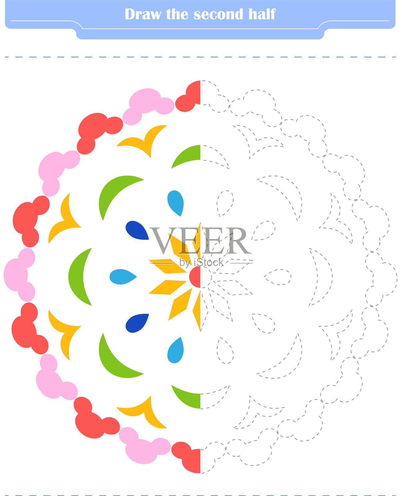 儿童教育游戏。圈出形状的第二部分并上色。插画图片素材