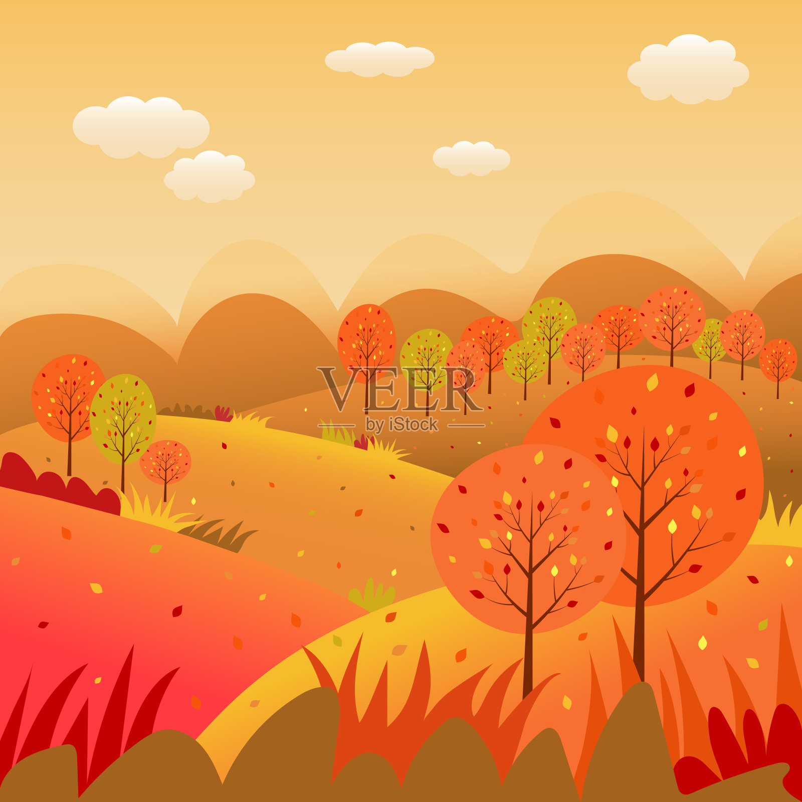 秋天的风景有农田、山脉、野草和树叶插画图片素材