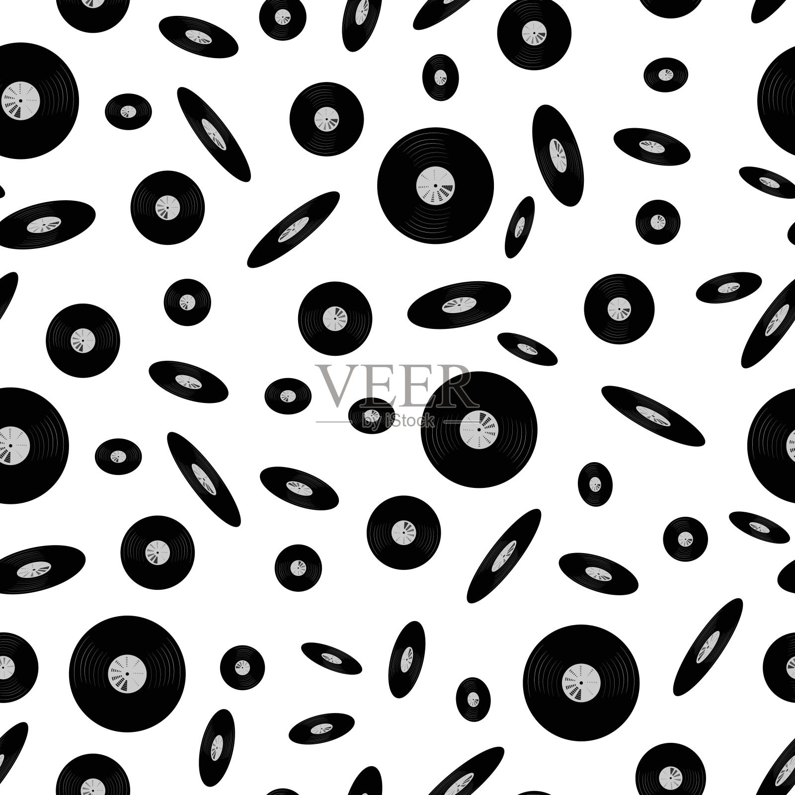 模式的黑胶唱片在一个混乱的方式，音乐复古无缝模式分散的光盘出版物和印刷设计元素图片
