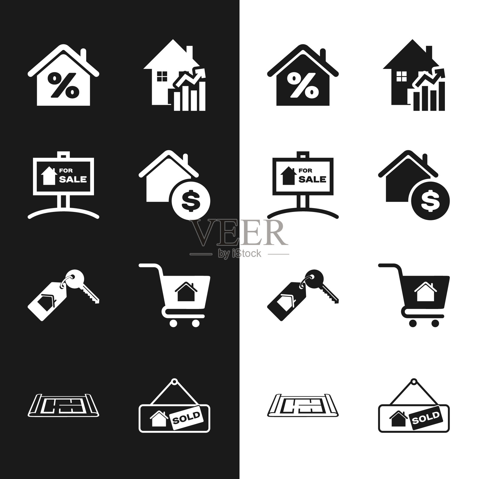 设置房屋与美元，挂牌待售，百分比，上升成本的住房，关键，购物车房子，出售和计划图标。向量图标素材
