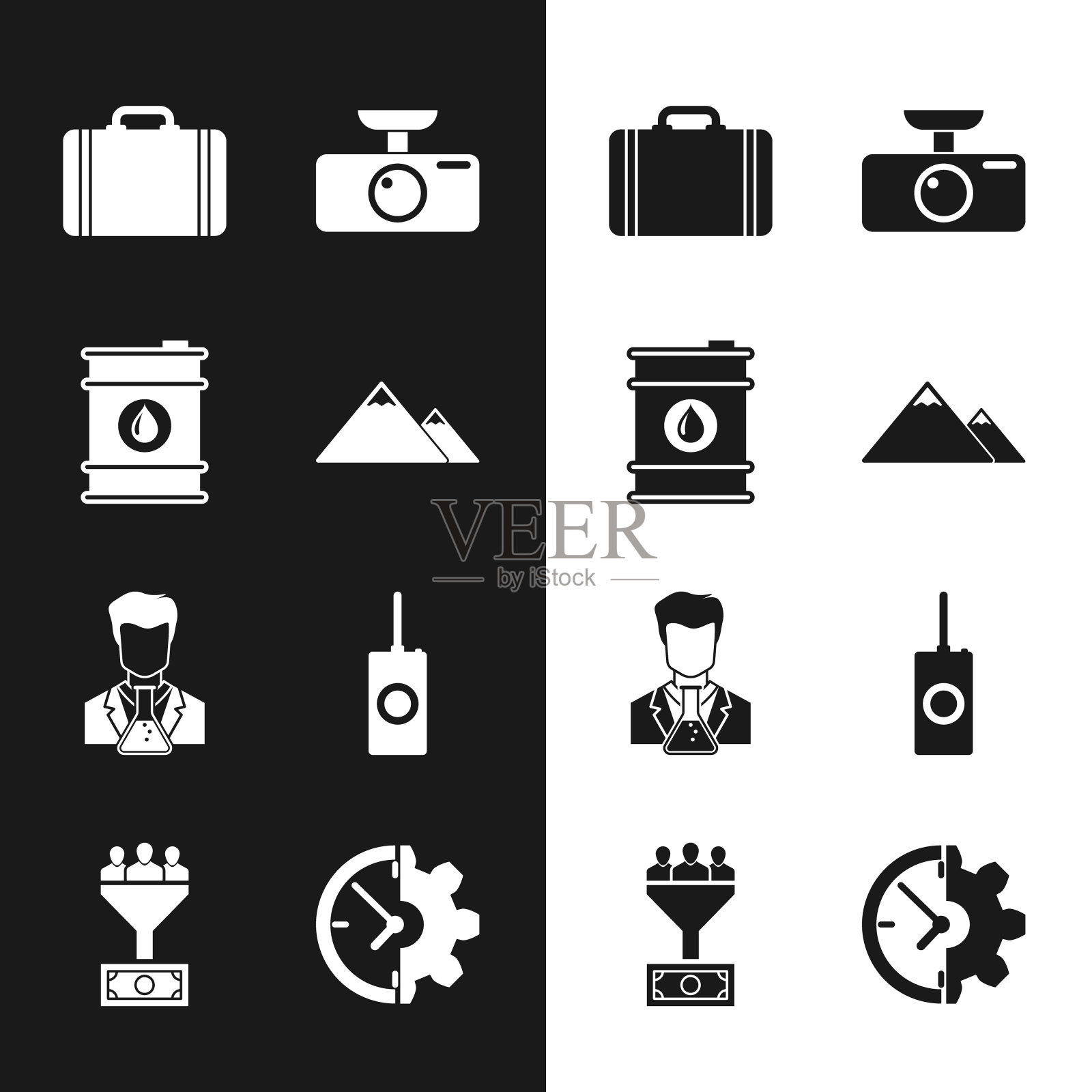 Set Mountains, Barrel oil, travel Suitcase for Car DVR, Scientist and test tube and Remote control icon. Set Mountains, Barrel oil, Suitcase for travel, Car DVR, Scientist and test tube and Remote control icon。向量图标素材