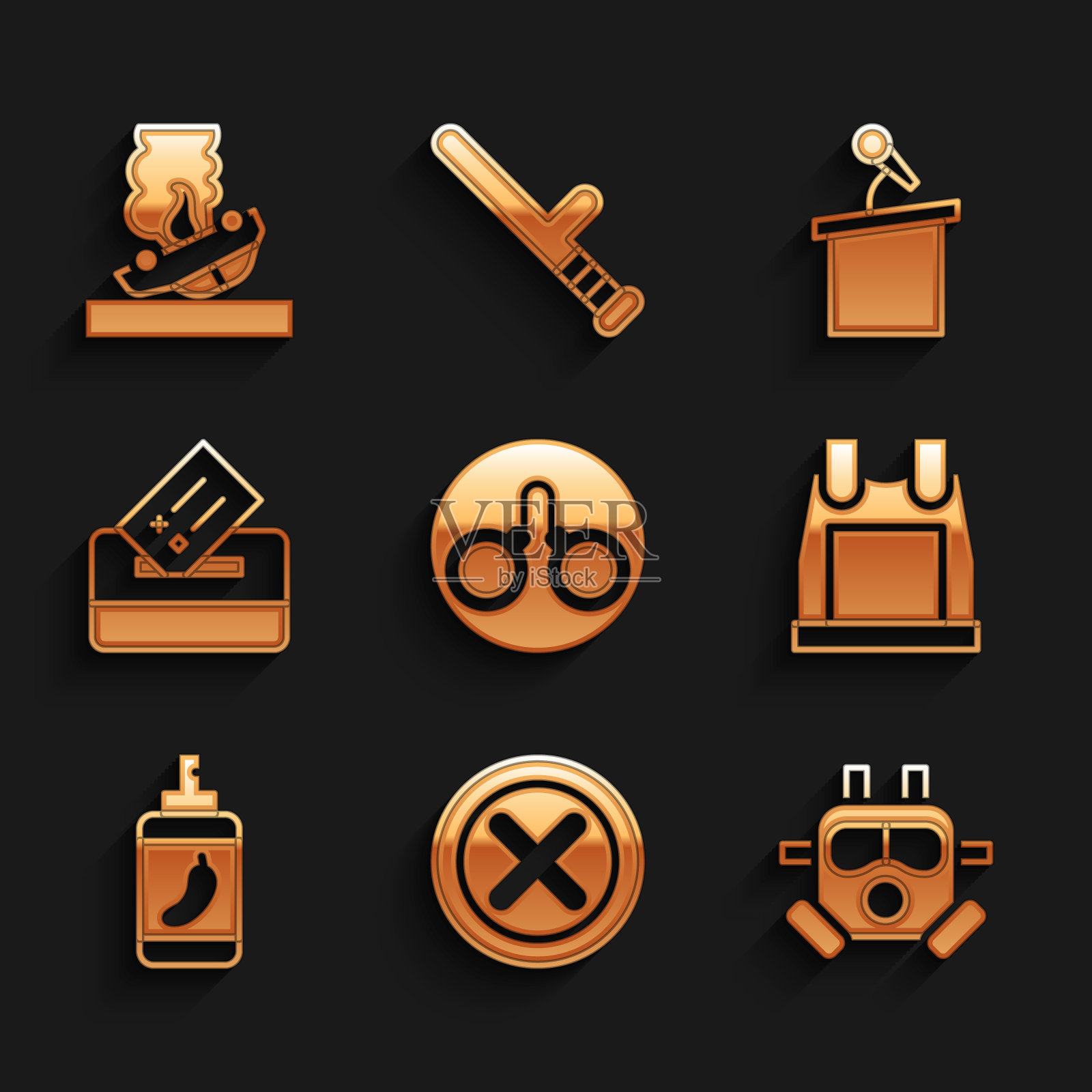 设置手铐，X标志，十字圆圈，防毒面具，防弹背心，胡椒喷雾，投票箱，舞台或论坛和燃烧的汽车图标。向量图标素材