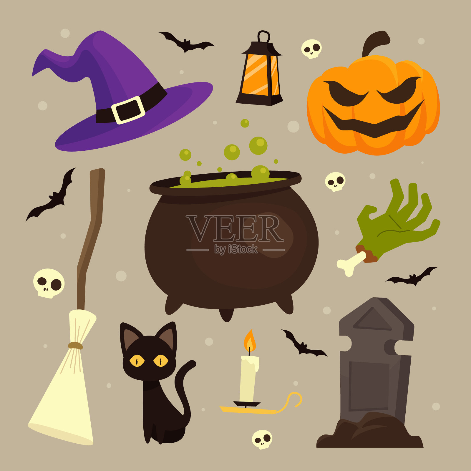 手绘平面万圣节元素集矢量插图插画图片素材