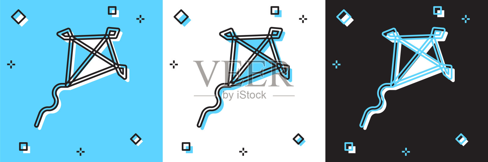 设置风筝图标孤立在蓝色和白色，黑色的背景。向量插画图片素材