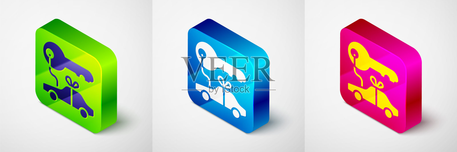 等距汽车礼物图标孤立在灰色背景。车钥匙奖。方形按钮。向量插画图片素材