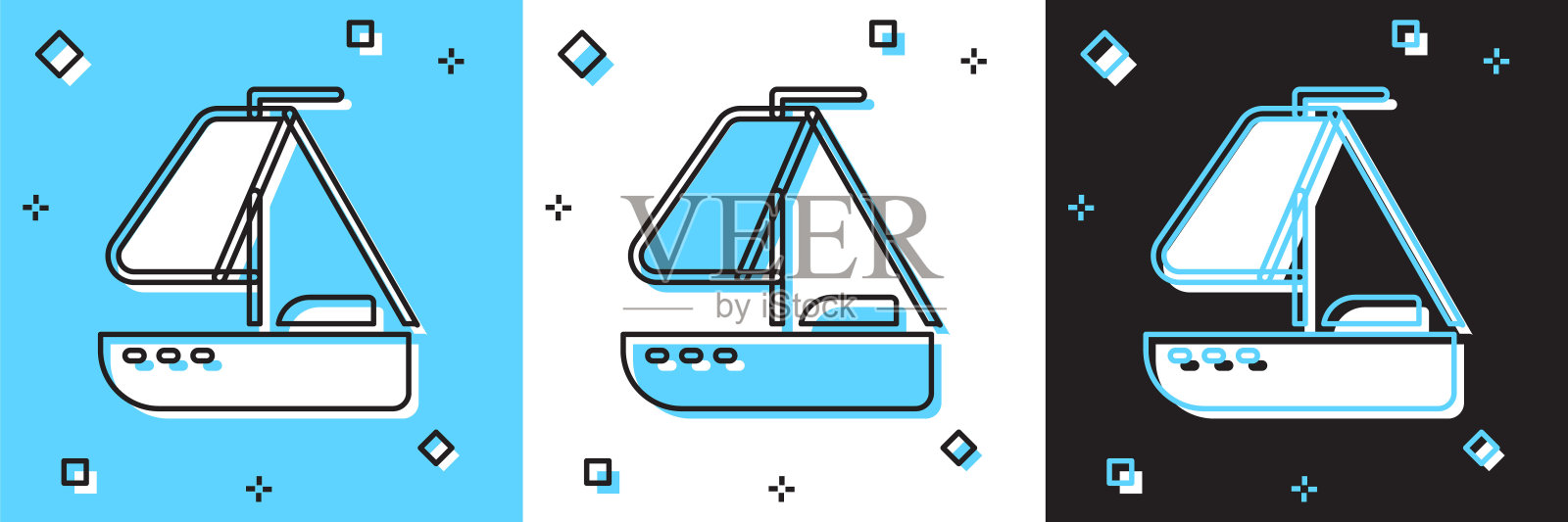 设置游艇、帆船或帆船图标孤立在蓝色和白色，黑色背景。帆船海上巡航旅行。向量插画图片素材