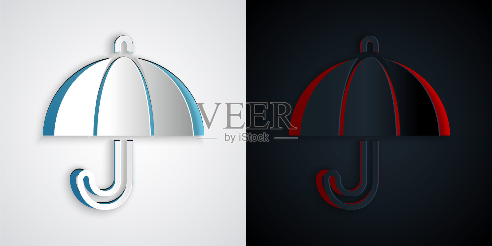 剪纸伞图标孤立在灰色和黑色的背景。保险的概念。防水图标。保护、安全、安全理念。纸艺术风格。向量插画图片素材