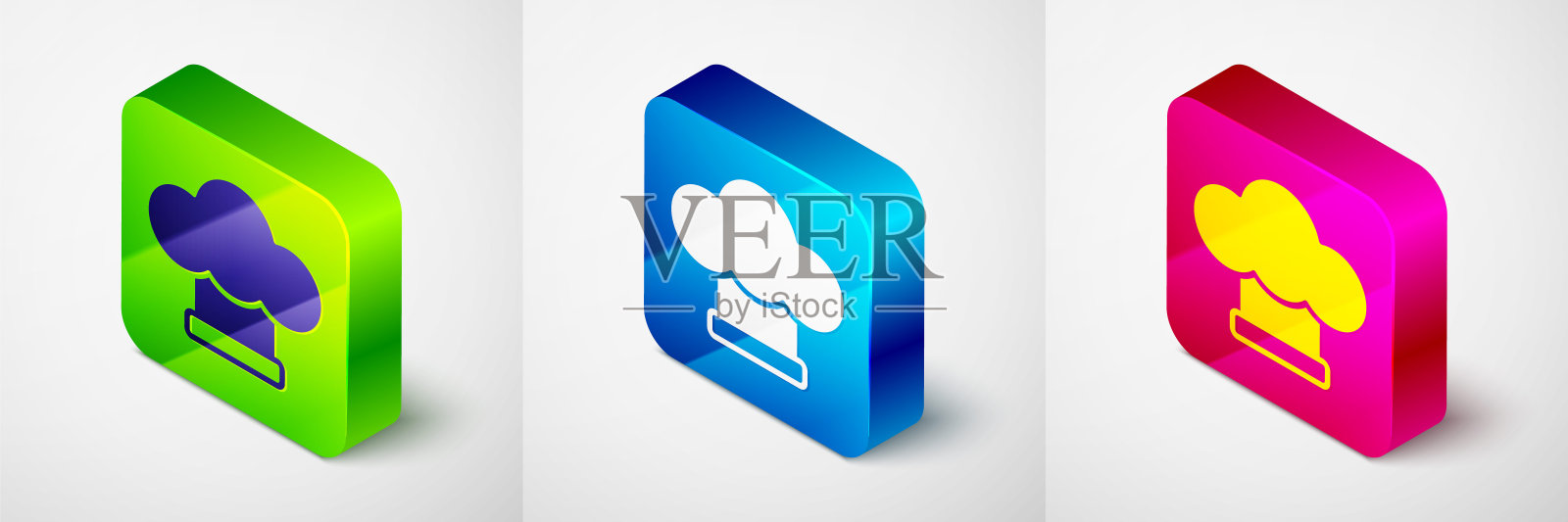 等距厨师帽子图标孤立在灰色背景。烹饪的象征。厨师的帽子。方形按钮。向量图标素材