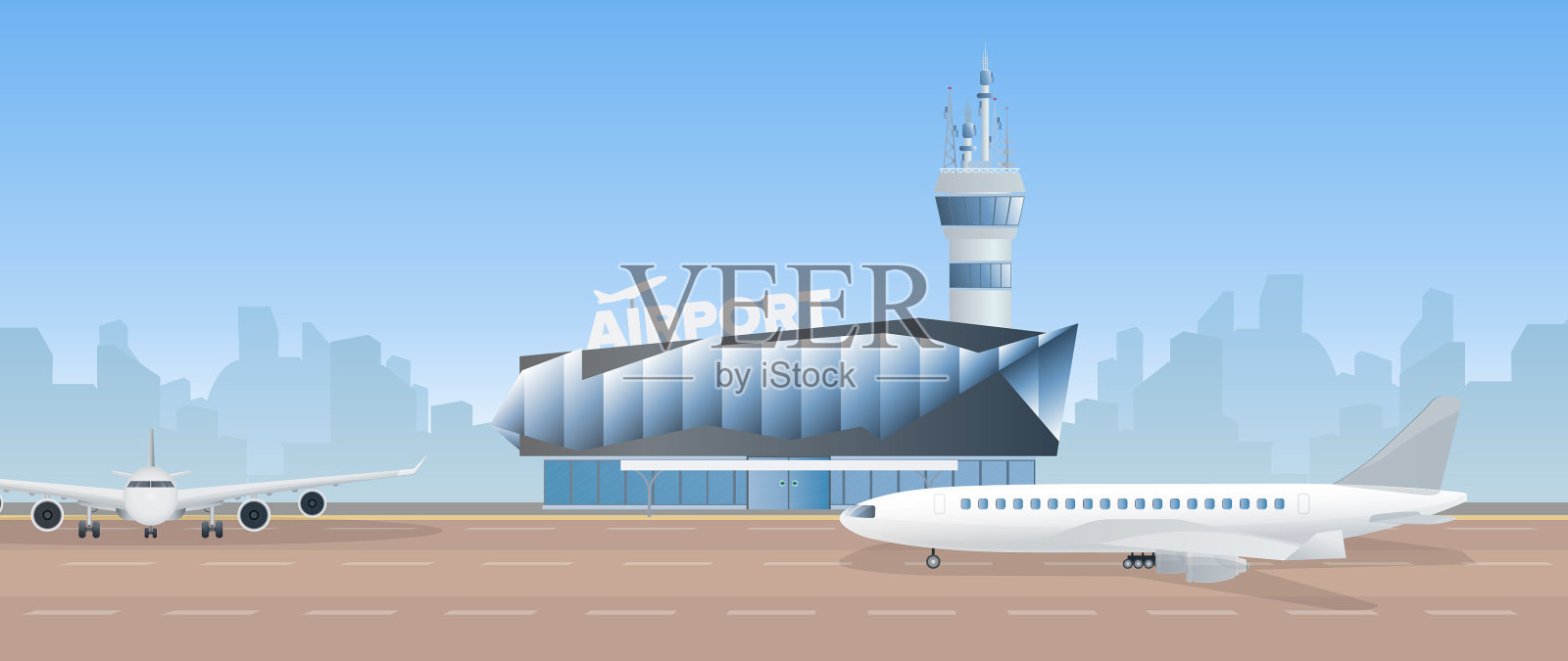 现代机场跑道上的飞机插画图片素材